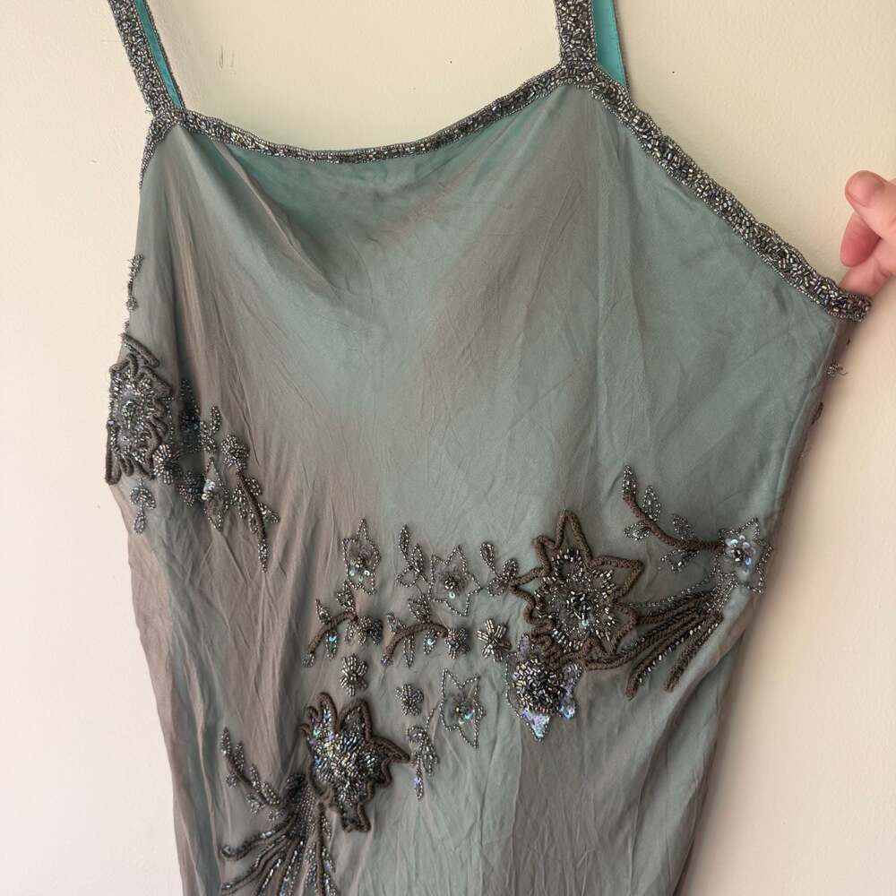 Vintage Scala 100% Silk Beaded Floral Maxi Dress Gunmetal Teal Plus Size 2X - Picture 9 of 16